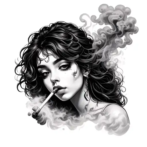 girl smoke joint surrounded by smoke clouds tattoo design idea