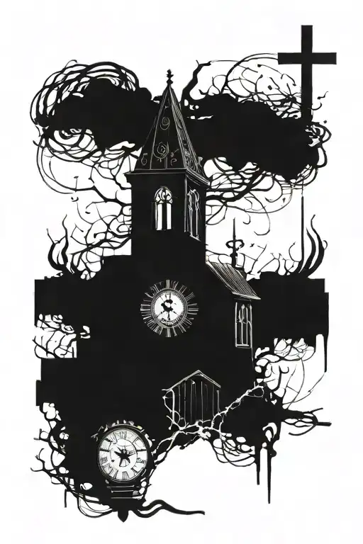 A broken abandoned church on top of the church a broke clock time 2:27 am on the wrist a road filled with 7 crosses  tattoo design idea