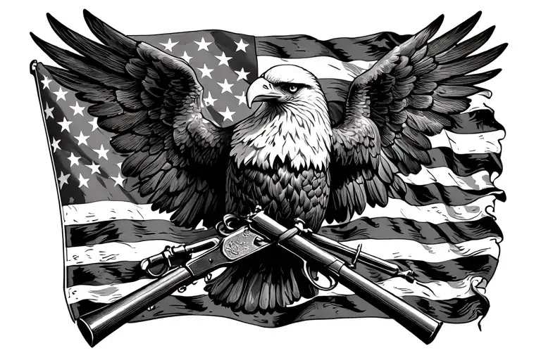 Flag of the American Revolution with crossed muskets and a bald eagle with outstretched wings tattoo design idea