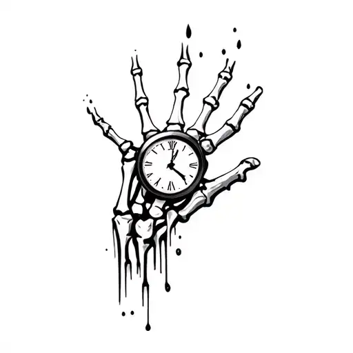 clock melting through skeleton hand fingers tattoo design idea