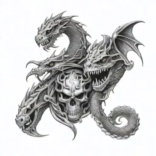 dragons with snake heads surrounded by skulls facing each other and souls tattoo design idea