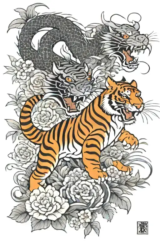 dragon and tiger fighting with flowers tattoo design idea