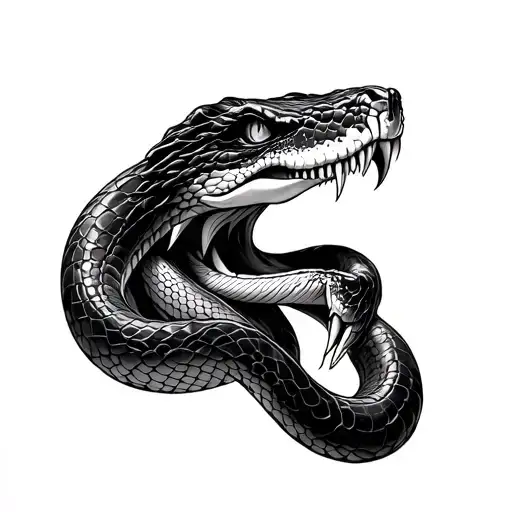 Tattoo: "Realistic, Black and Grey, Snake head with fangs, coilling body on lower, outside arm, over ellbow to upperarm tattoo design idea