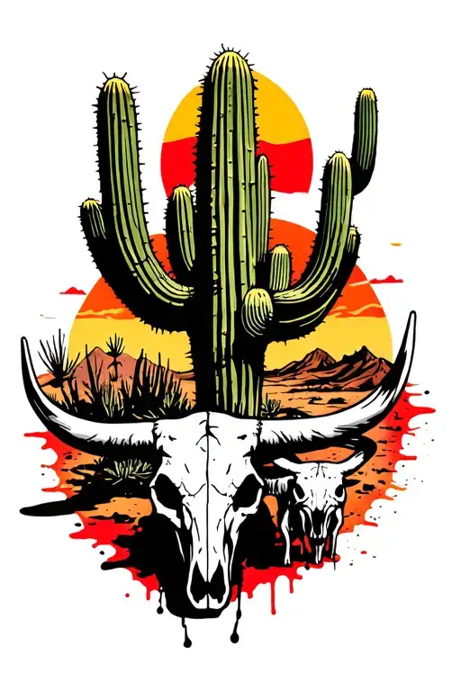 desert setting with large cactus in the foreground with a small bull skull next to it the sun is setting in the backgrou tattoo design idea