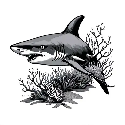 coral reefs, shark swimming tattoo design idea