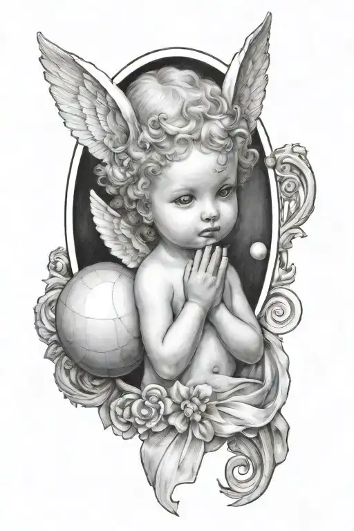 A baby angel with two horns above her head ,holding a diamond a shell which has a pearl in it  tattoo design idea