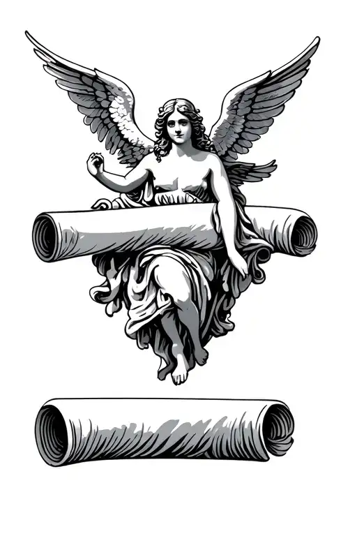blank scroll with angels holding up the top right and left corners tattoo design idea