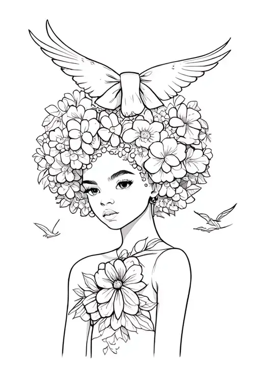 African America girl Afro bow in hair chest with bird flying out and flowers all around this design tattoo design idea