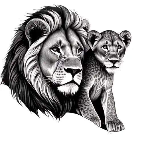 Male lion protecting 2 female cubs tattoo design idea