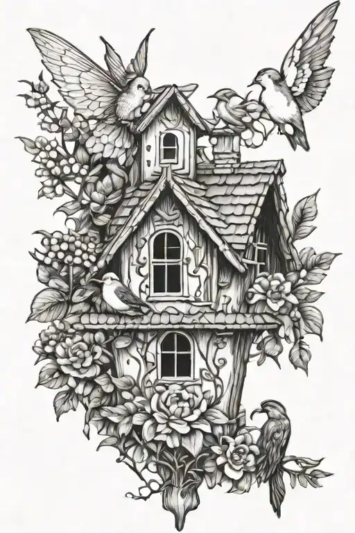 fairies and birds by birdhouse tattoo design idea