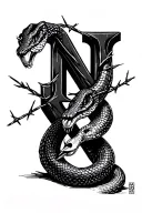 barbed wire, snake, snakeskin, concrete cubes, N letter tattoo design idea