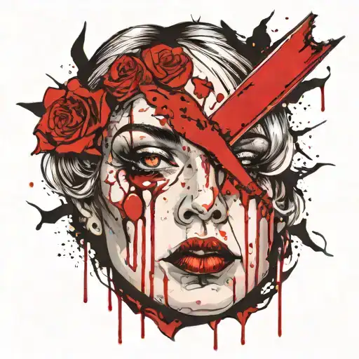A sword blade that shows the reflection of half the face of a sad woman, with drops of blood under her eyes, with gothic tattoo design idea
