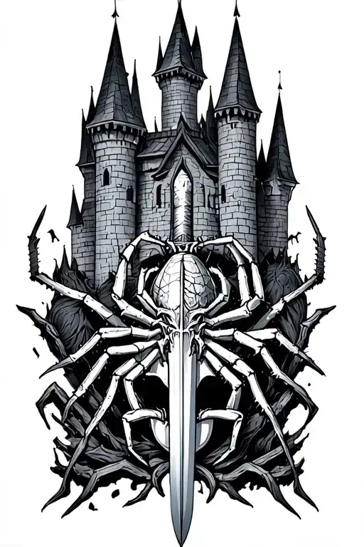ultra cyber sigilism dark castle with a spider and a sword tattoo design idea