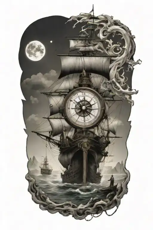 pirate ship / compass / clock / phoenix / rope / stars / earth / moon tattoo design idea
