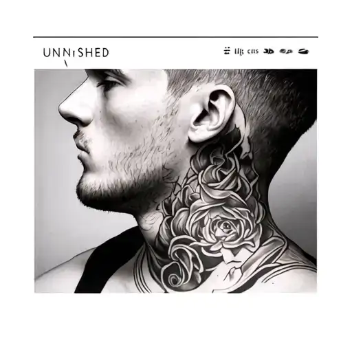 ,neck tattoo behind below his ear " UNFIN↑SHED "  tattoo design idea
