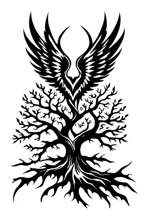 symmetric winged tree growing tattoo design idea