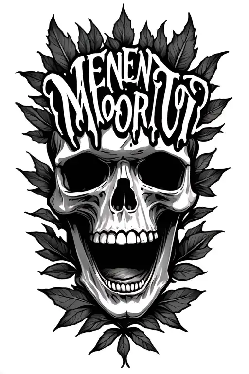 skull mouth open leaves around it memento mori text  tattoo design idea