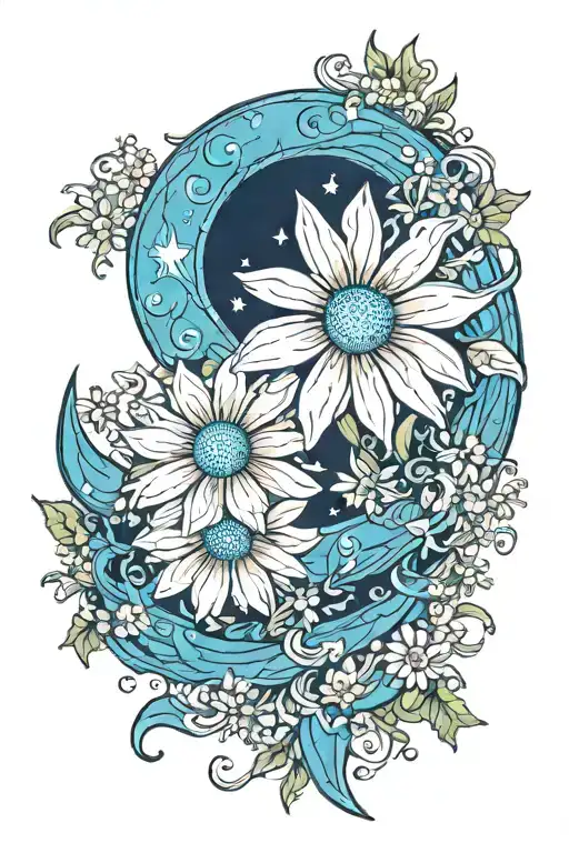 white daisys and blue crescent moon merging together tattoo design idea
