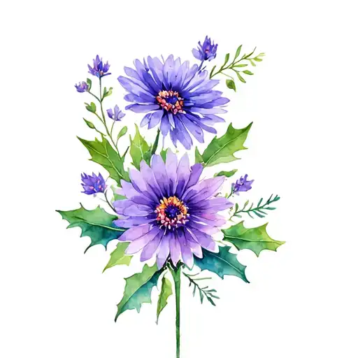 aster, violet,Holly flowers intertwined within tattoo design idea