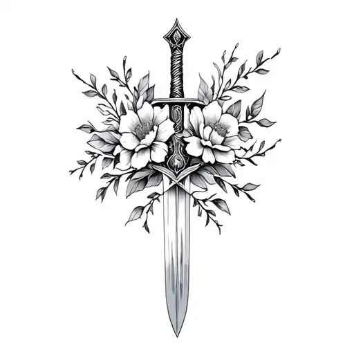celestial sword wrapped in flowers intertwined. Black and white tattoo design idea