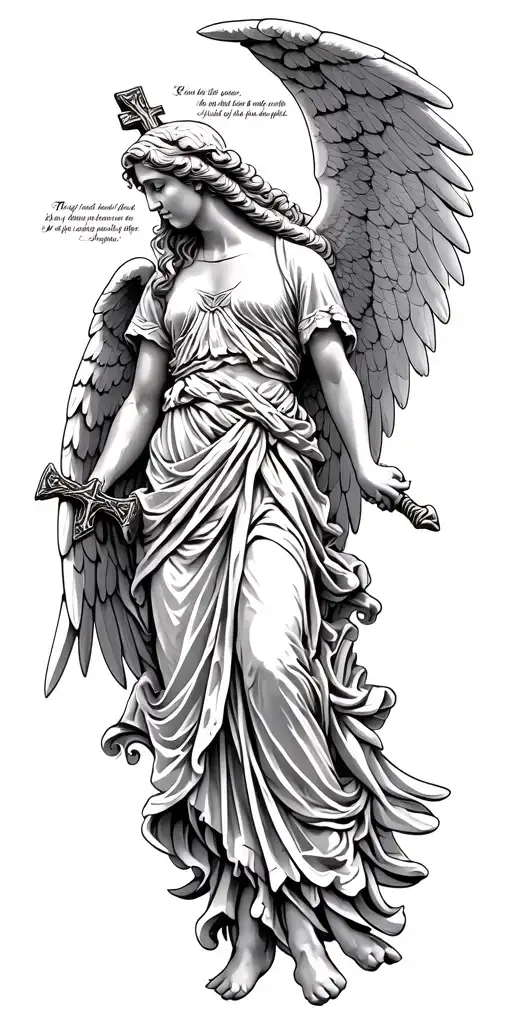 Greek style angel with wings spread wide and a cross and sword behind. bible scripture is underneath  tattoo design idea