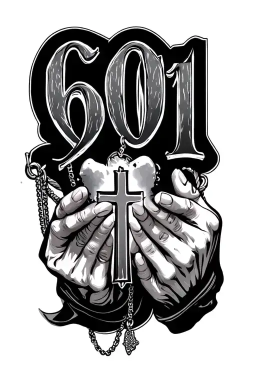 "601" hands holding cross necklace tattoo design idea