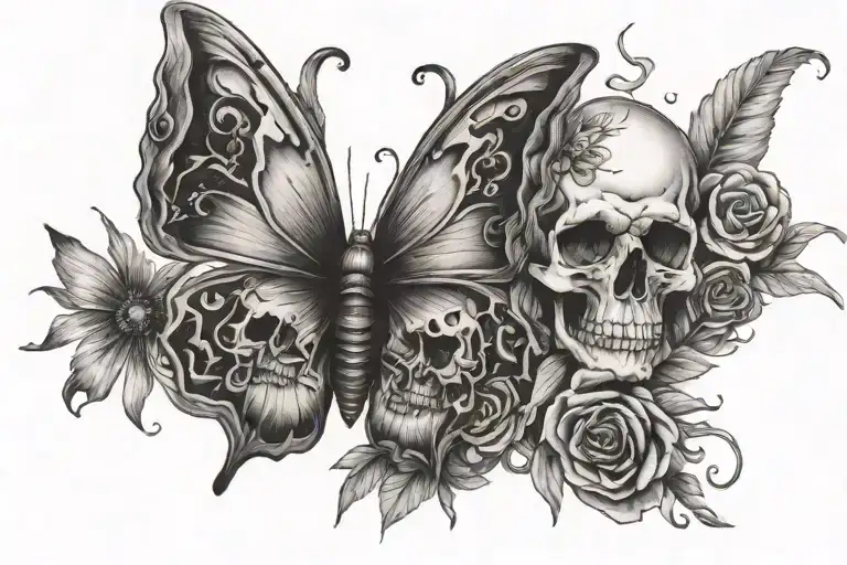 butterfly with skull blended on wing attached looking back tattoo design idea
