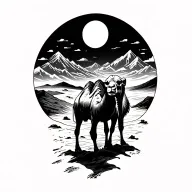 camel in desert with sun and clouds and mountains tattoo design idea