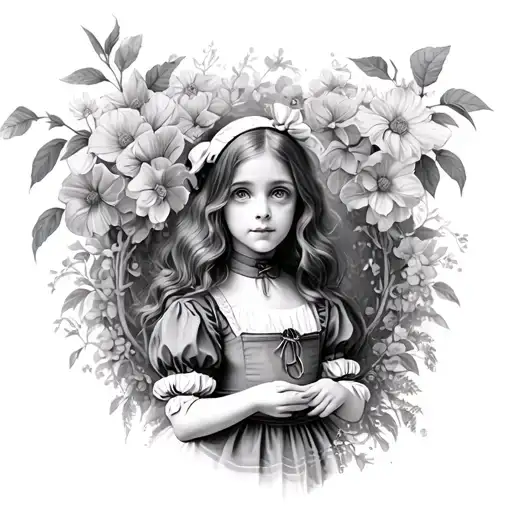 Create an imagine of Alice in wonderland. All the above. Being alone young girl in her own world not knowing anything.  tattoo design idea