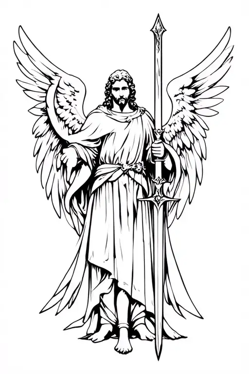 Angel god of the world knight holding sword tattoo design idea