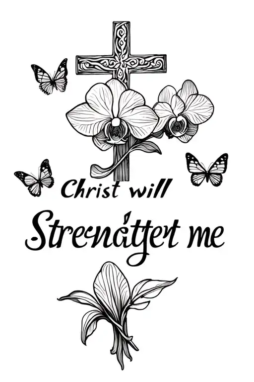 "Christ will strengthen me" "Christ will strengthen me" orchid, small butterflies cross tattoo design idea