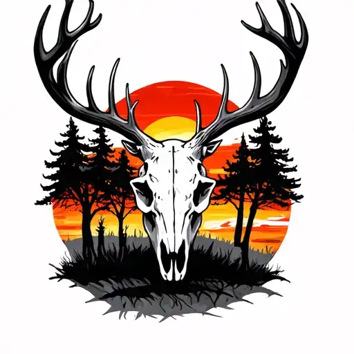 red plaid, deer skull, trees colors sunset tattoo design idea