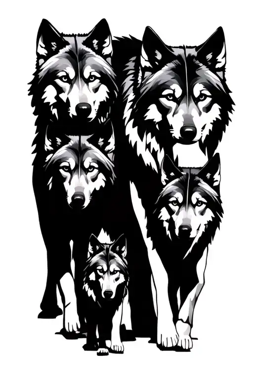 four wolves walking, two adults and two children  tattoo design idea