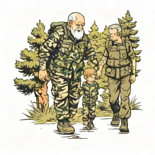 A slightly overweight grandfather in military camouflage and a little grandson holding hands in a forest with pine trees tattoo design idea