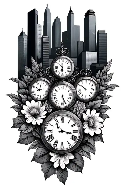 Baltimore city skyline with clocks and flowers  tattoo design idea
