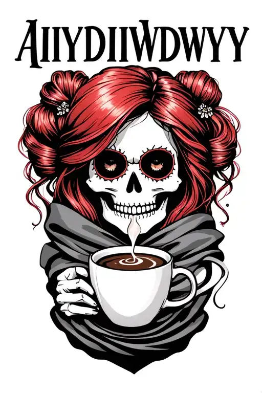 "AIYDIWDWY" sugar skull skeleton with red hair in a bun wearing a hair scarf holding a steaming cup of coffee tattoo design idea