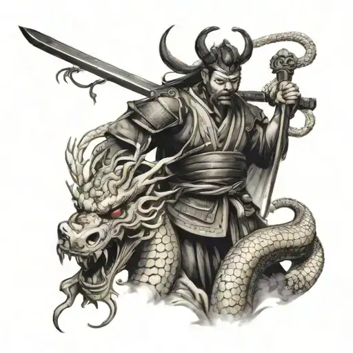 samurai and chinese dragon tattoo design idea
