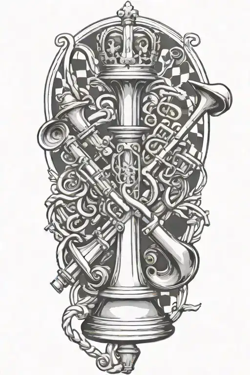 A trumpet intertwined with king chess piece tattoo design idea