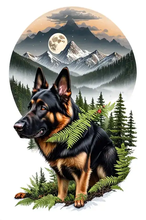 black German Shepherd in the foreground, in a pine forest with fern and mountains and moon tattoo design idea