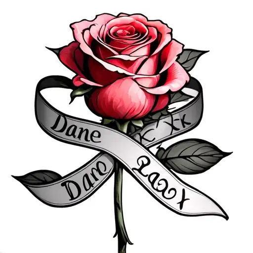 red rose with breast cancer ribbon wrapping it and the stem writes the name diane tattoo design idea