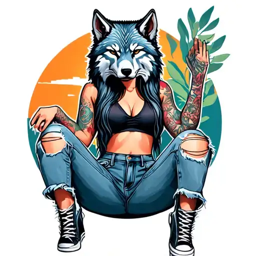 tattoo girl wearing a wolf mask in denim ripped jeans tattoo design idea