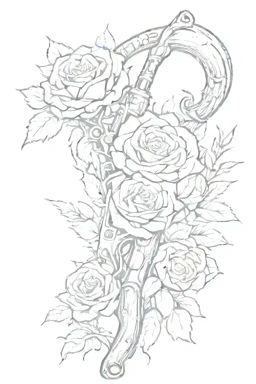 buck horns, a rose,rifle,hammer,western rustic setting tattoo design idea