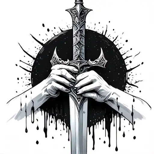 hand bleeding holding excalibur sword tattoo design idea