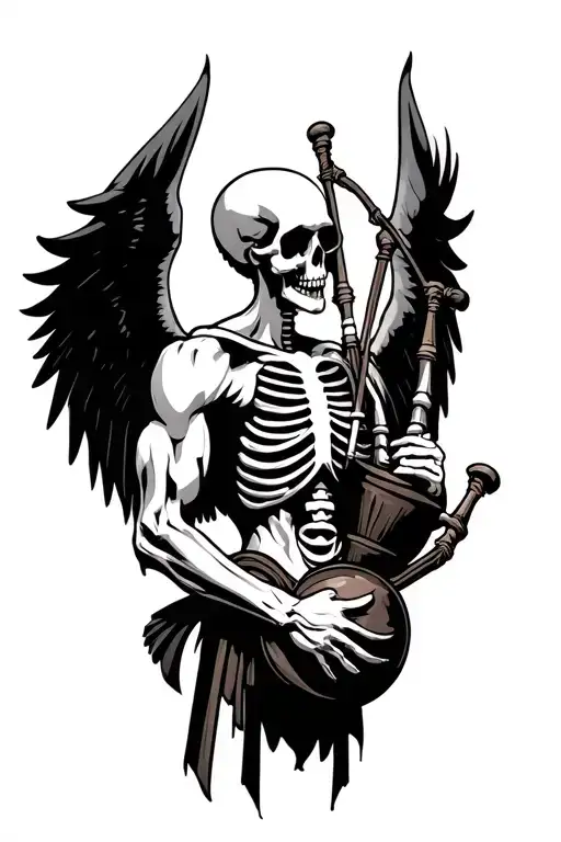 winged muscular skeleton playing bagpipes tattoo design idea
