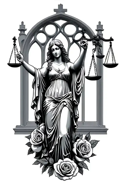 lady justice with church windows behind and roses and spins all over  tattoo design idea