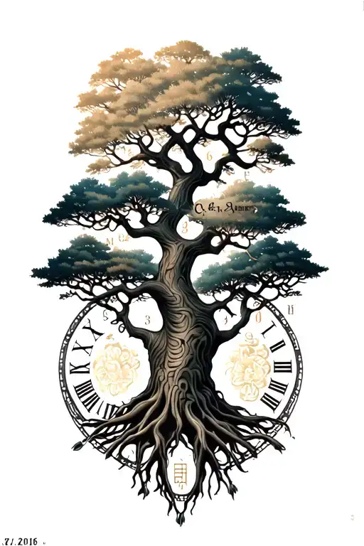 Tree of Life time birthdays roman numerals 16.07.1986 01.12.2017 08.07.2019 tattoo design idea