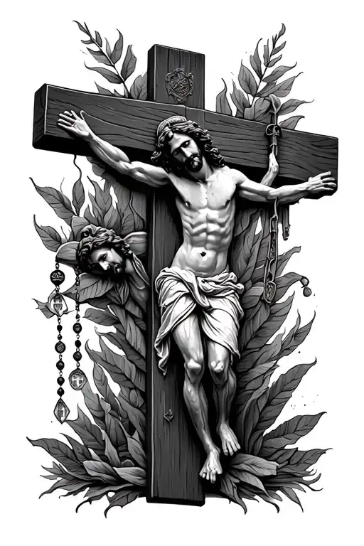Jesus on cross and rosary beads tattoo design idea