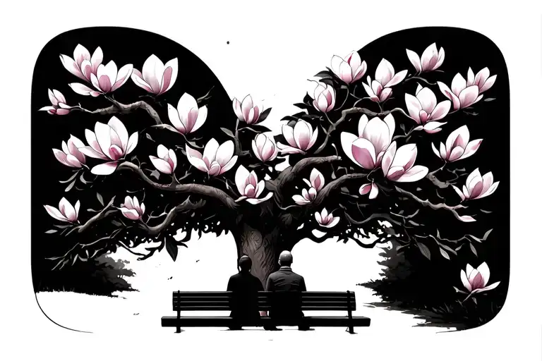 magnolia tree, semi bloom, 2 people on a park bench, view from behind, black frame around tattoo,b/w tattoo design idea