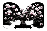 magnolia tree, semi bloom, 2 people on a park bench, view from behind, black frame around tattoo,b/w tattoo design idea