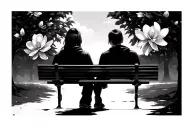 magnolia tree, semi bloom, 2 people on a park bench, view from behind, black frame around tattoo,b/w tattoo design idea